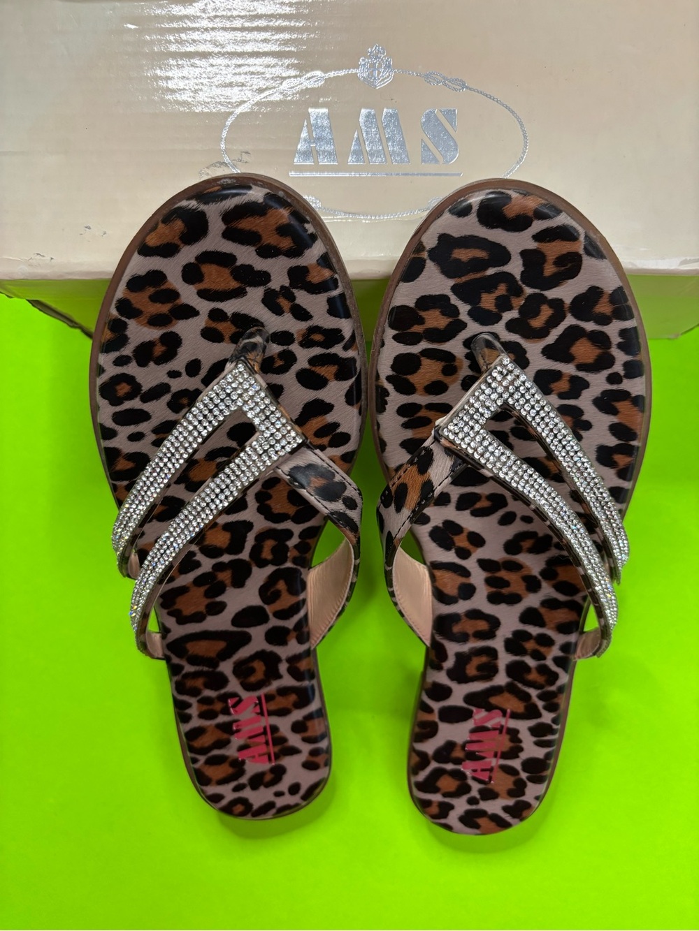 AMS Leopard Print Rhinestone Thong Sandals - Brown Leopard